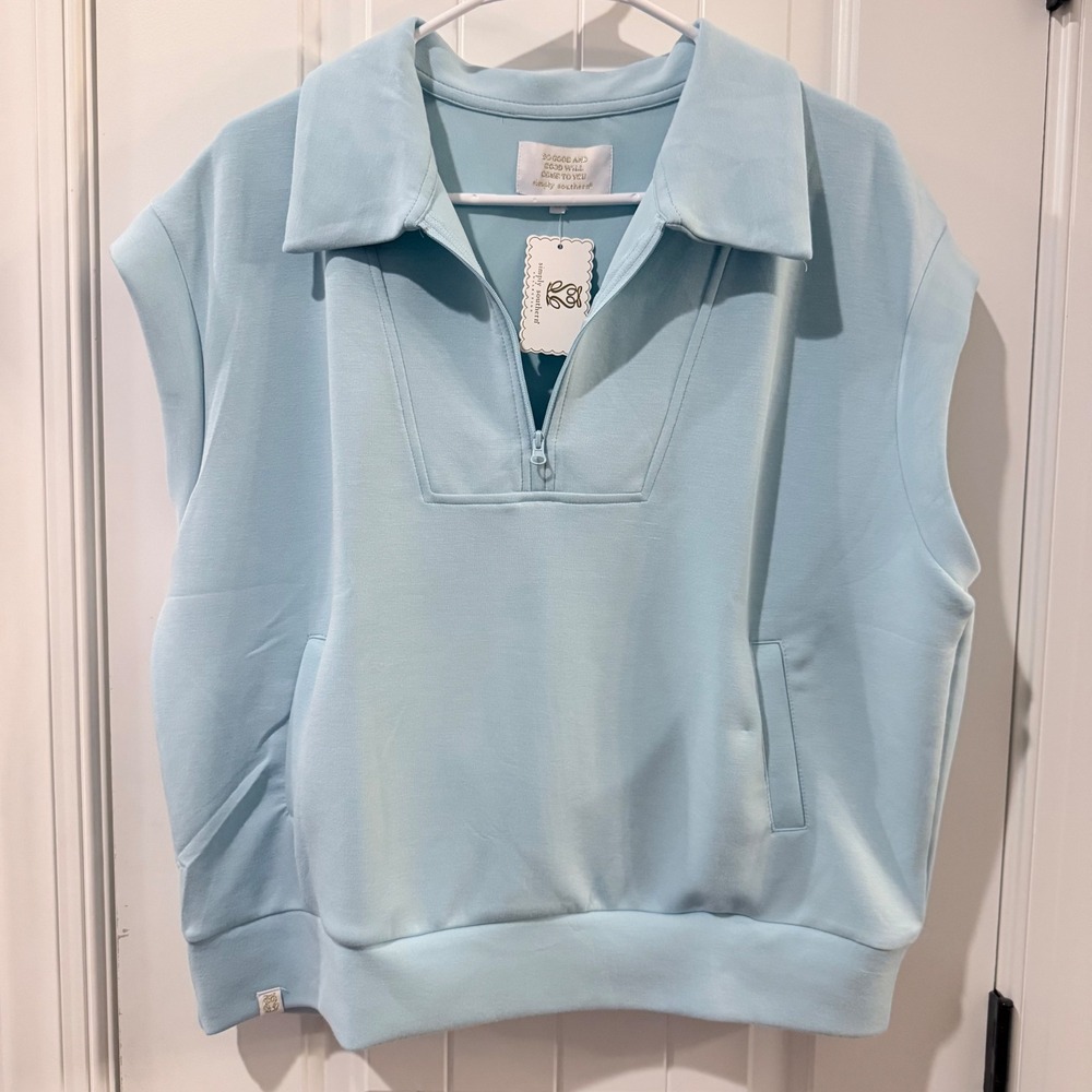 Simply Southern Ice Blue Quarter Zip Sleeveless Pullover Vest Large NEW